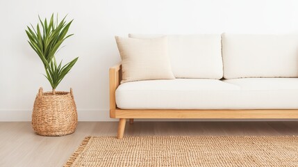 Cozy Minimalist Living Room with Neutral Sofa and Plant