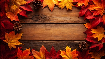Autumn leaves and pine cones on rustic wooden planks