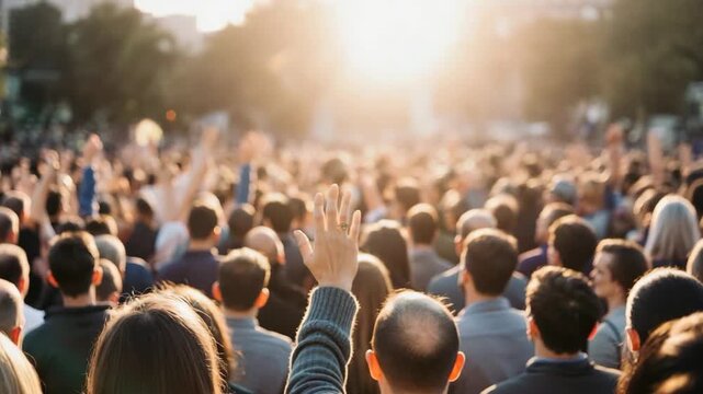 Crowd of people raising hands in a gathering expressing support and participation