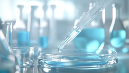 Lab glassware, pipette dropping liquid onto petri dish