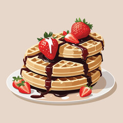 Belgian waffles topped with fresh strawberries and syrup drizzle