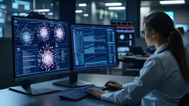Scientist analyzing virus data computer screens laboratory using advanced technology for research and detailed analysis of virus structure