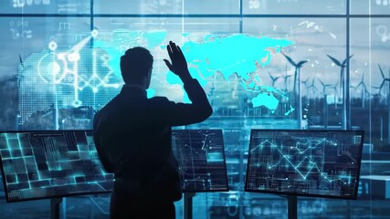 Futuristic digital world map and data screen technology showcasing innovation in modern office with wind turbine energy control system - Powered by Adobe