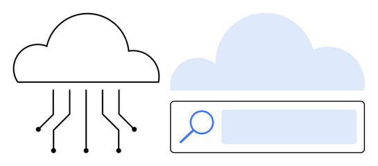 Cloud with circuits symbolizing data sharing, cloud with search bar for internet search. Ideal for technology, connectivity, innovation, online services, big data, digital tools, simple landing page