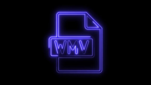 Glowing blue neon W M V file icon animated on black background representing digital media format and