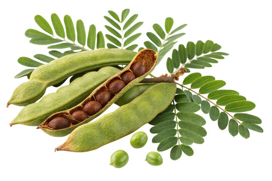 Fresh tamarind pods and leaves isolated on transparent background