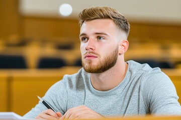 Student in Classroom Reflecting on Lecture with Focused Expression