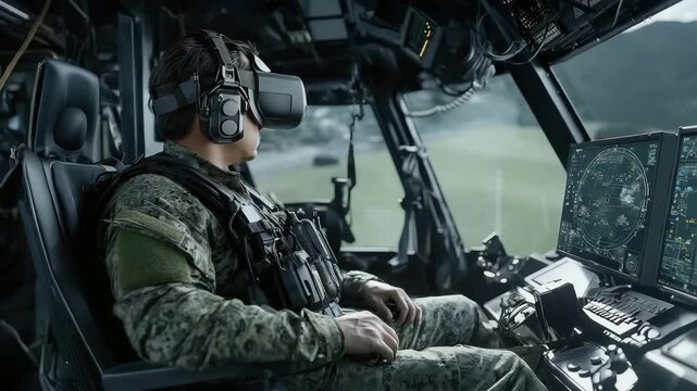 Military soldier wearing virtual reality headset inside helicopter cockpit with digital control panel and tactical gear immersive training simulation