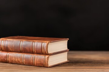 Leather Bound Books on Wooden Table with Dark Background
