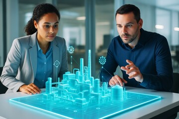 Professionals analyzing futuristic digital city model with glowing blue holographic interface on office table in modern workspace background. Ai generative
