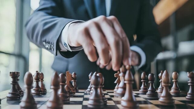 Chess strategy game with wooden board and pieces, player&rsquo;s hand planning moves in focused business competition setting