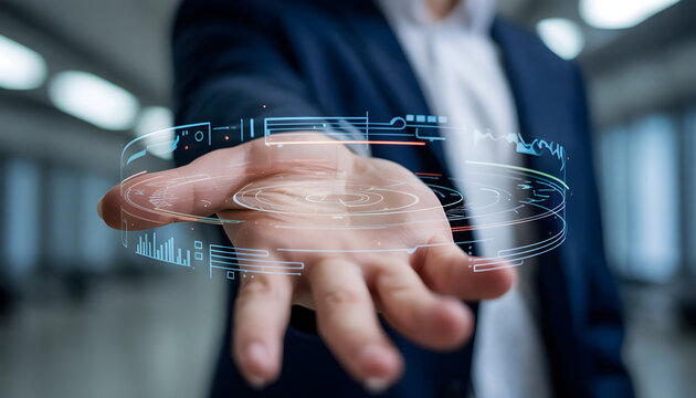 Businessman holding futuristic digital display showing data analysis and business intelligence - Powered by Adobe