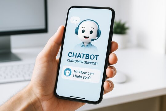 Hand holding smartphone with chatbot customer support interface and friendly assistant avatar on screen in modern office environment. Ai generative. Ai generative