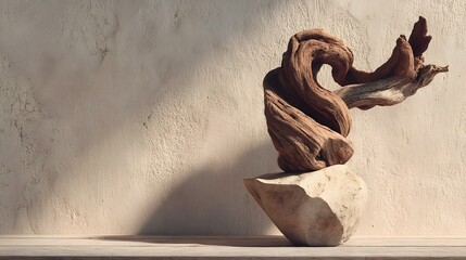 Abstract wooden sculpture on stone base
