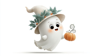 A cute ghost character in a witch hat holding a pumpkin celebrates Halloween.