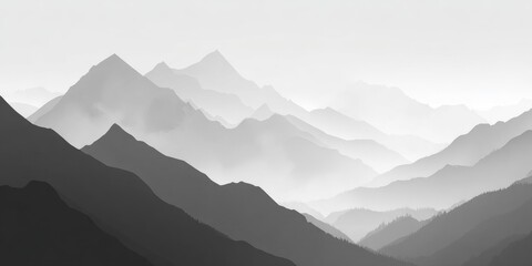 Obraz premium Monochromatic mountain range landscape, layered peaks fading into a misty, hazy distance, grayscale tones creating a sense of depth and serenity