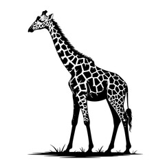 Giraffe in the Savanna: A striking monochrome line art illustration depicts a graceful giraffe standing in tall grass, showcasing its distinctive spotted pattern and elegant posture.