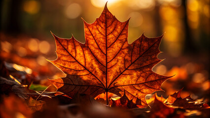 Close up of a backlit orange maple leaf on the forest floor