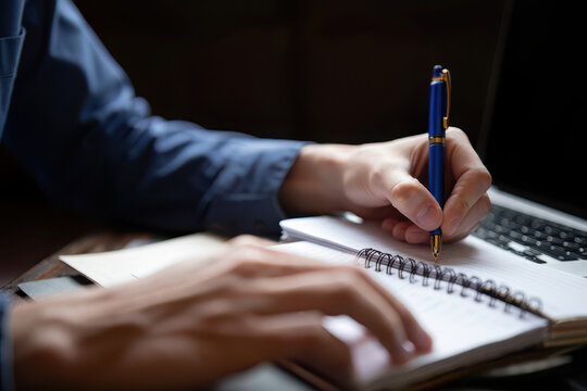 Close up of a persons hands writing with a blue pen in a spiral notebook next to a laptop computer on a wooden desk - Powered by Adobe