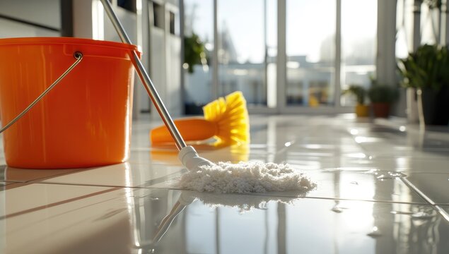 Cleaning tile floor with mop and bucket - Powered by Adobe