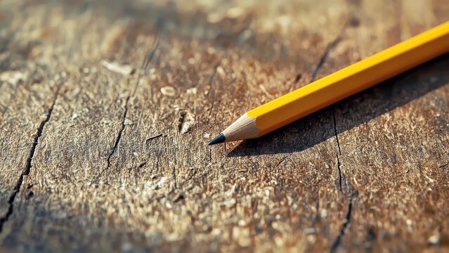 Carpenter Pencil. Yellow pencil close-up on wooden surface writing bac