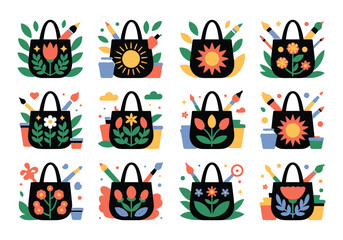 Collection of Artsy Tote Bags Featuring Whimsical Floral and Sun Designs Ideal for Creative Projects and Sustainable Shopping Choices