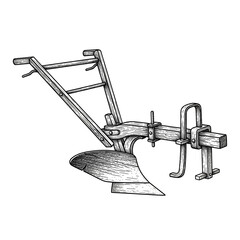Vintage hand drawn wooden plow illustration isolated on black background suitable for farming agriculture and rustic design projects