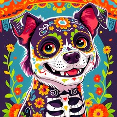 Colorful Día de los Muertos Dog Illustration with Skeleton Motifs