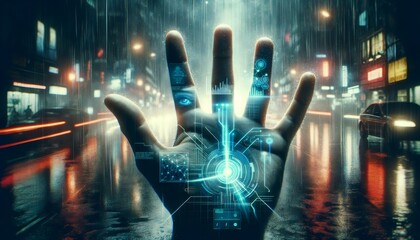 Hand showing hologram of digital data in futuristic cityscape
