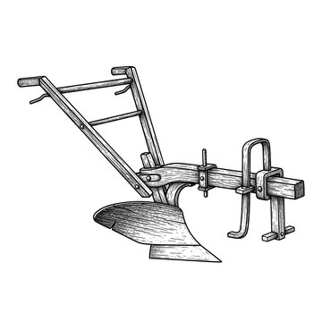 Vintage hand drawn wooden plow illustration isolated on black background suitable for farming agriculture and rustic design projects