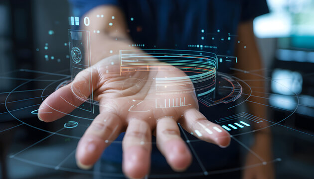 Businessman using holographic interface with digital data and charts