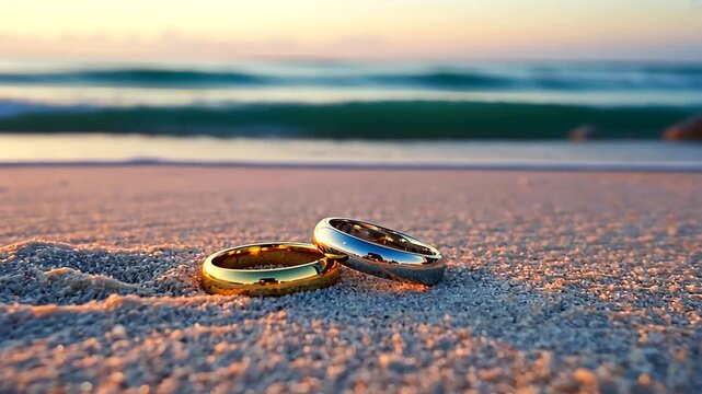 Two wedding rings resting on sandy beach at sunset, with gentle waves in the background