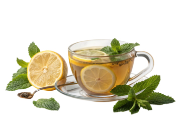 Refreshing hot tea with lemon and mint isolated on transparent background