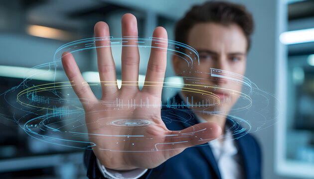Businessman using futuristic digital data hologram technology interface