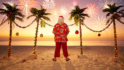 Santa enjoying tropical fireworks celebration Santa Claus beach