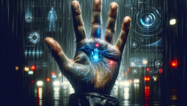 Wet hand showing biometric scan with futuristic hud interface in rainy city