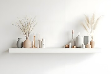 Minimalist Neutral Home Decor:  White Shelf with Pampas Grass, Vases, and Candles.