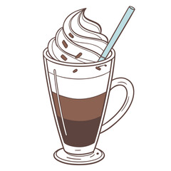 Stylized layered coffee drink with whipped cream and straw beverage