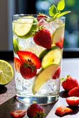 Glass of Water with Strawberries and Limes on Wooden Surface