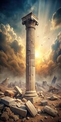 Massive stone pillar lies in shattered pieces on the ground