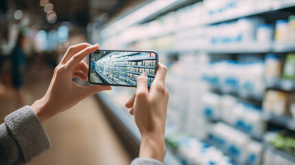 Person Using a Phone App to Check a Product's Carbon Footprint in a Supermarket