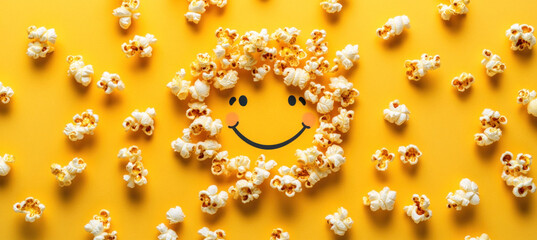 Popcorn kernels forming a circle around a smiley face on yellow background