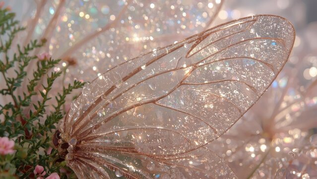 Fairycore. Close-up of sparkling fairy wings with flowers, magical fan
