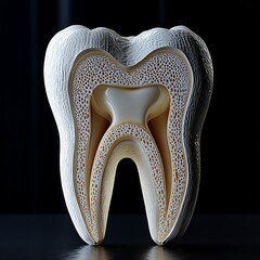 Slice cut of tooth, healthy tooth slice cut in half isolated black background