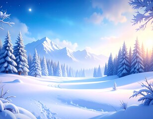 雪に包まれた山と森に朝日が差し込む幻想的な冬の風景イラスト