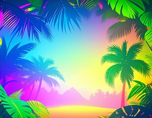 ネオンカラーで彩られたヤシの木が印象的な幻想的な南国風の風景イラスト