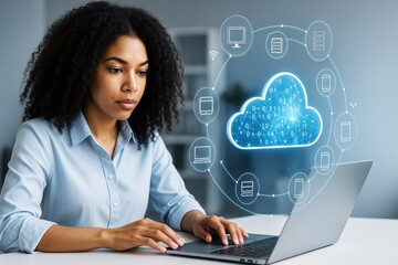Woman working on laptop with digital cloud storage interface on abstract technology background, symbolizing data synchronization and communication.