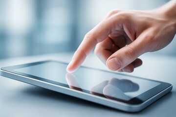 Close-up of hand interacting with touchscreen tablet on light background, symbolizing modern digital technology and user interface concept.