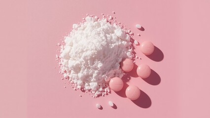 HPMC. White powder and pink pills on pastel background
