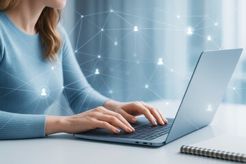 Woman typing on laptop with digital social network connections over light business background, representing technology and communication concept.